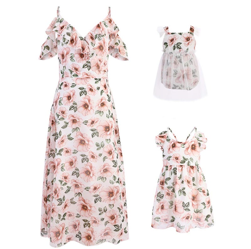 PopReal Mommy and Me Dresses Floral Print Cold Shoulder Ruffle Backless Strap Romper Beach Midi Dress Summer - Image 1